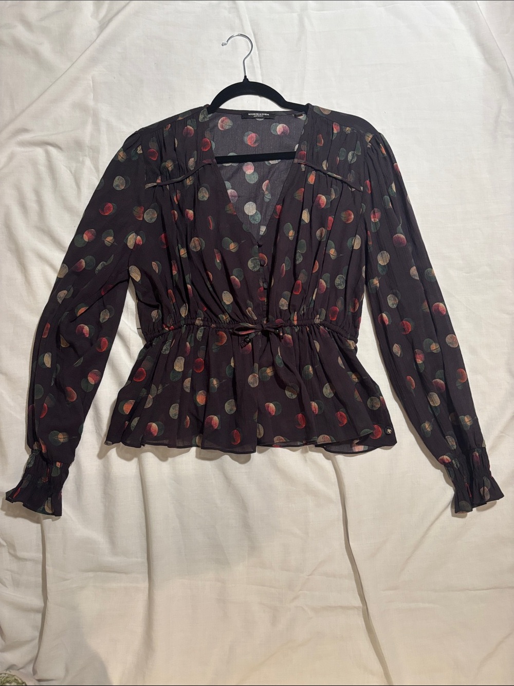 Scotch & Soda Black Sheer Peplum Cotton Blouse with Multicolor Dot Print